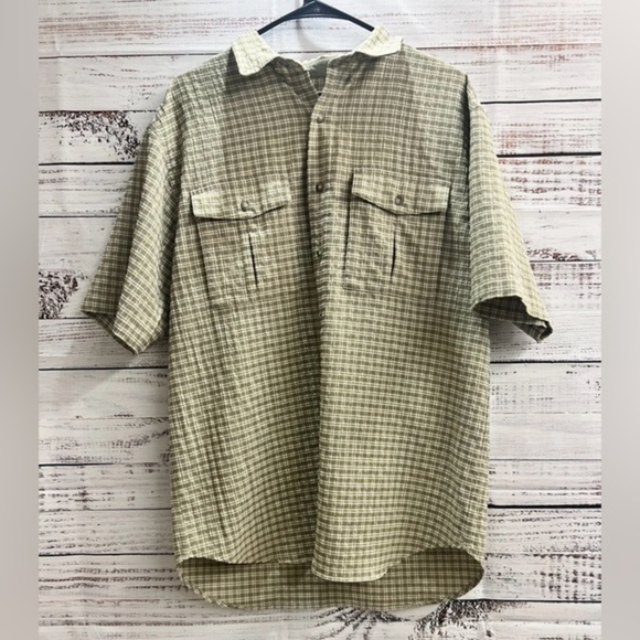 The North Face Mens Medium Khaki Beige‎ Check Short Sleeve Button Seersucker - Picture 1 of 4